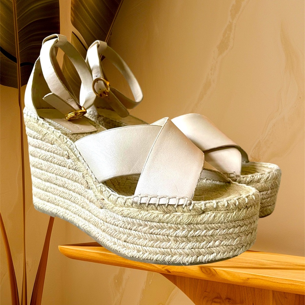 Tory Burch Selby Leather Platform Espadrille Wedges Women